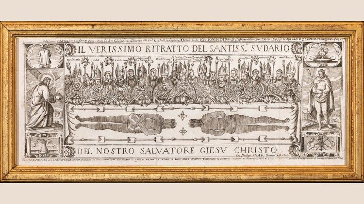 Primeira solene exposiÃ§Ã£o do Santo SudÃ¡rio em Turim, na presenÃ§a de SÃ£o Carlos Borromeu, em 1578 (gravura de Giovanni Francesco Testa, preservada no Castello di Racconigi)